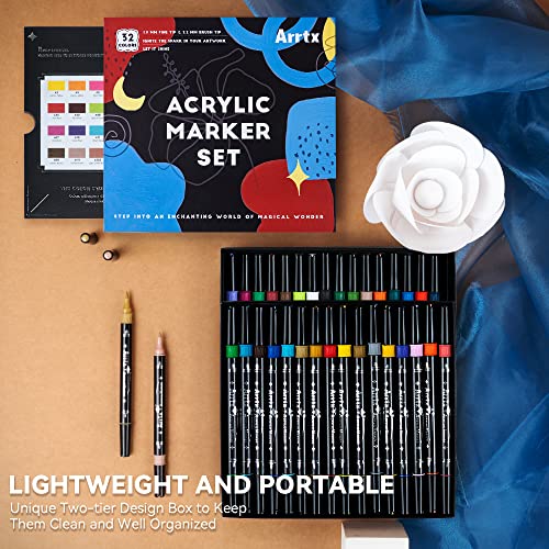 Arrtx Acrylic Paint Pens, 32 Colors Brush Tip and Fine Tip (Dual Tip) Paint Markers for Rock Painting, Water Based Acrylic Painting Supplies for Fabric Painting,Wood, Plastic, Canvas, Easter Egg - Image 3