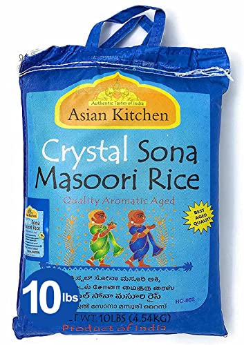 Asian Kitchen Crystal Sona Masoori Aged Rice 10-Pound Bag, 10lbs (4.54kg) Short Grain Rice ~ All Natural | Gluten Friendly | Vegan | Indian Origin | Export Quality