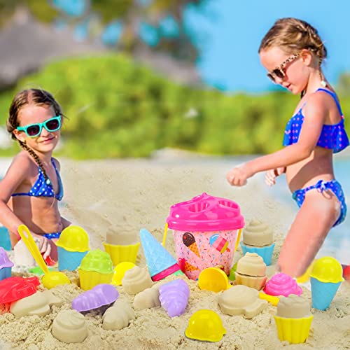 Bennol Beach Sand Toys for Kids Toddlers, Ice Cream Theme Kids Beach Sand Toys Set with Bucket Pail and Bag, Sand Castle Travel Beach Sandbox Toys Kit for Kids Toddlers Girls Boys Ages 3-10 - Image 7