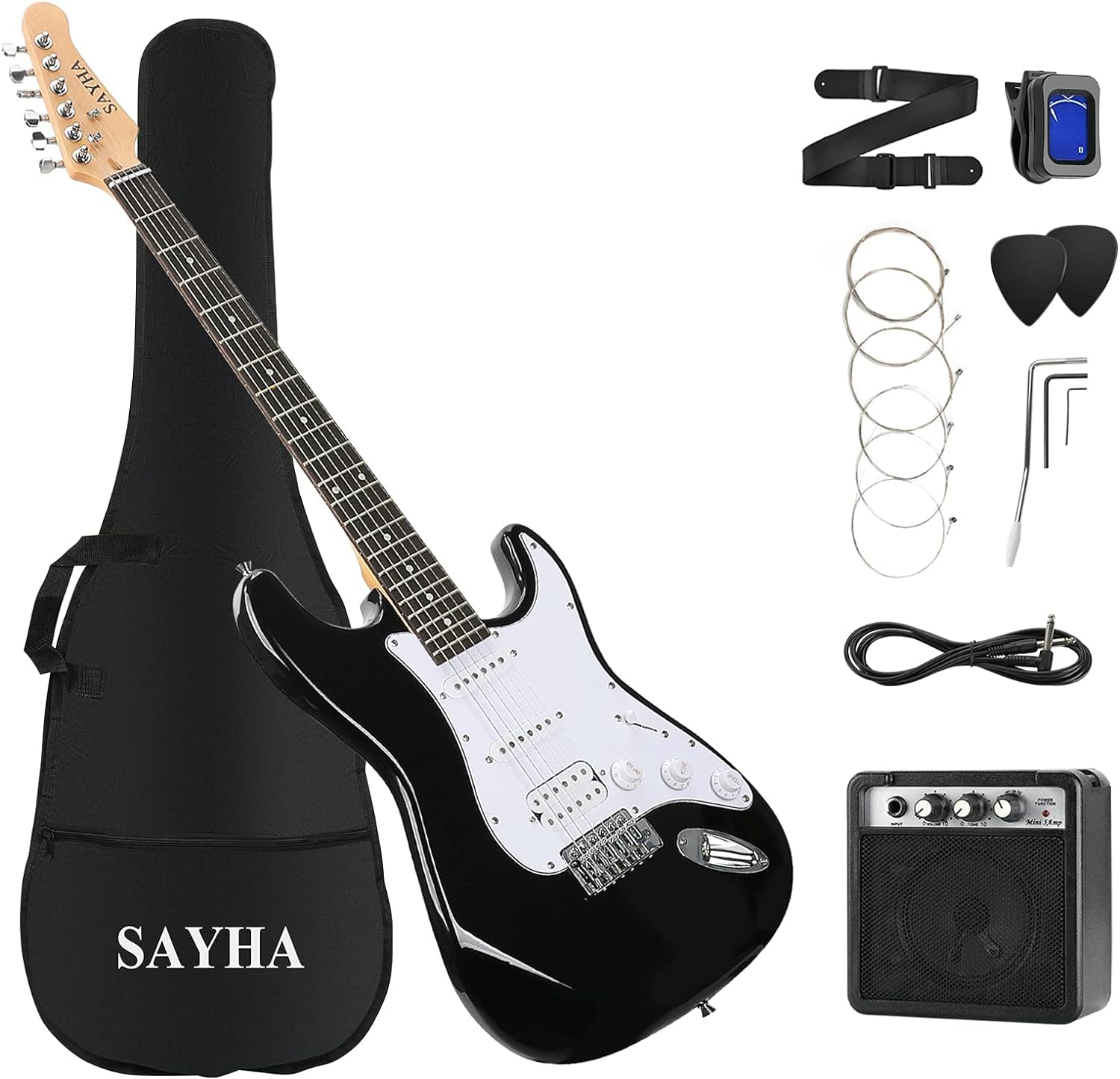 SAYHA Electric Guitar, 39 Inch Solid Full-size Electric Guitar HSS Pickups Starter Kit Includes Amplifier, Bag, Digital Tuner, Strap, String, Cable, Picks(Black)